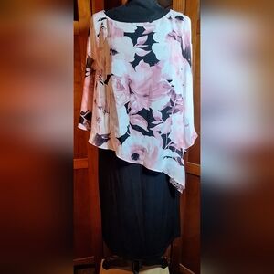 CONNECTED APPAREL Floral Asymmetrical Dress with Pink and Black